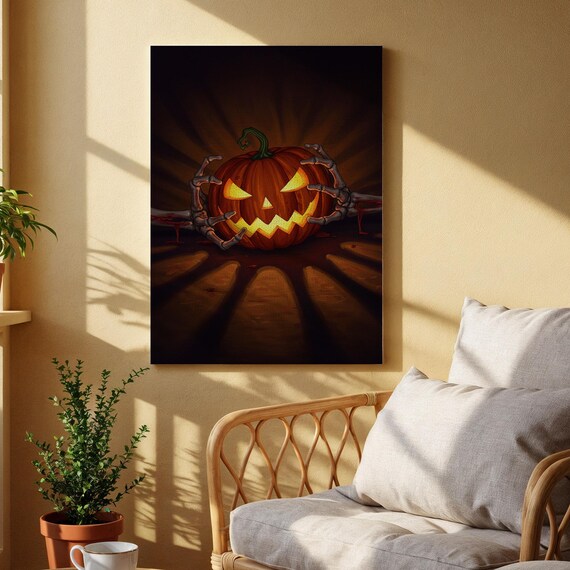 Skeleton Hands Pumpkin Canvas Art Spooky Halloween Wall Print Dark Gothic Decor For Living Room Entryway Or Seasonal Spaces