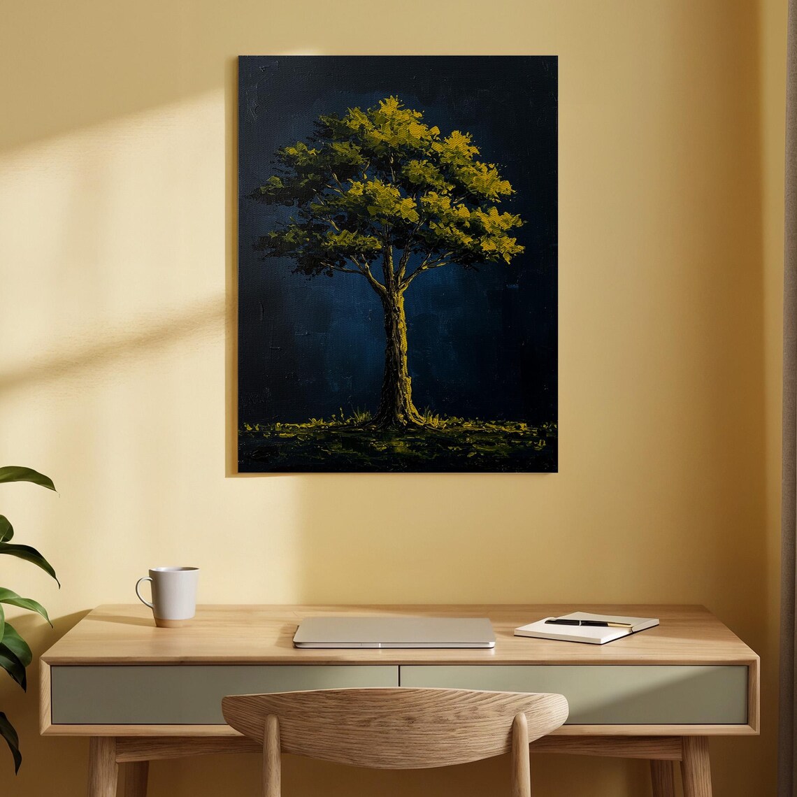 Lone Tree At Night Illuminated Golden Oak Dark Moody Landscape Painting Poster