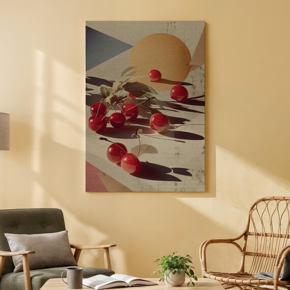 Red Cherries Still Life With Geometric Sun And Bold Shadows Poster