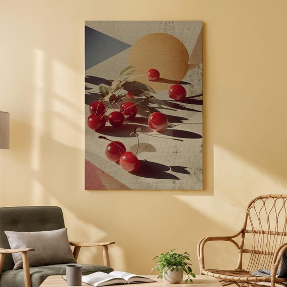 Vibrant Cherry Still Life Canvas Wall Art Fresh Red Cherries With Geometric Shapes And Bold Sun Modern Fruit For Kitchen Or Dining Room