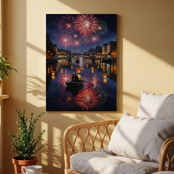 Romantic Boat Ride Canvas Wall Art Couple Under Fireworks On Paris River Lantern Festival Night Scene Love Illustration For Home Decor