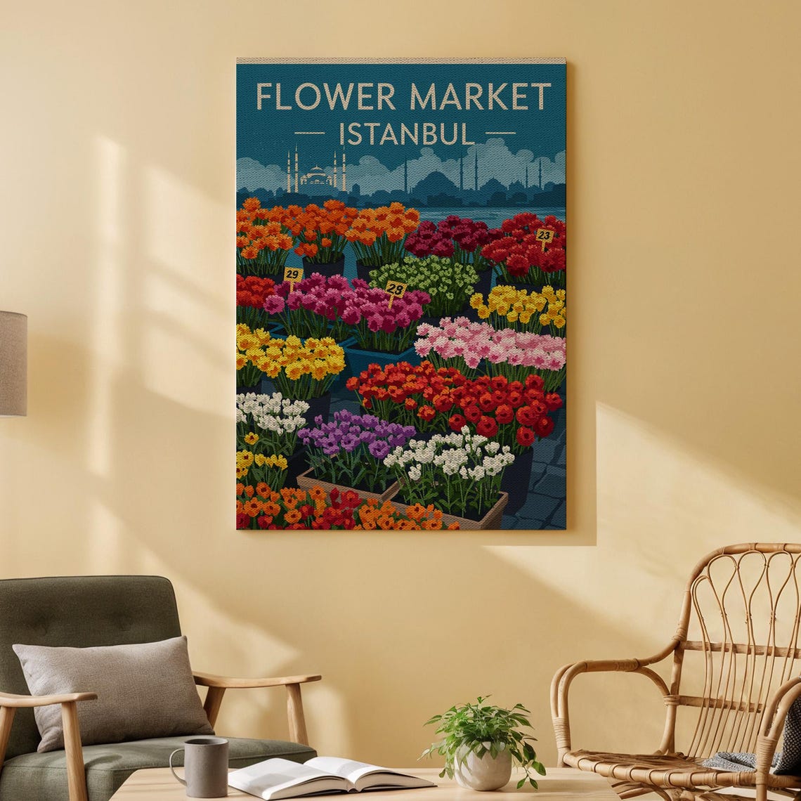 Flower Market Istanbul Artwork Print On Wood Vibrant Scene With Colorful Flowers Beautiful Travel Art For Living Room Bedroom
