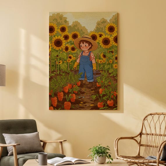 Farmer Kid With Sunflowers And Carrots Canvas Art Wholesome Garden Scene Fun Nursery Or Kids Room Decor For Nature Lovers