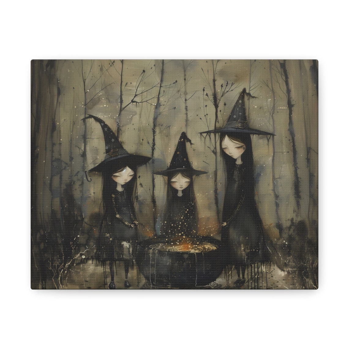 Three Witches Brewing Cauldron in Dark Forest Gothic Halloween Poster - Image 2