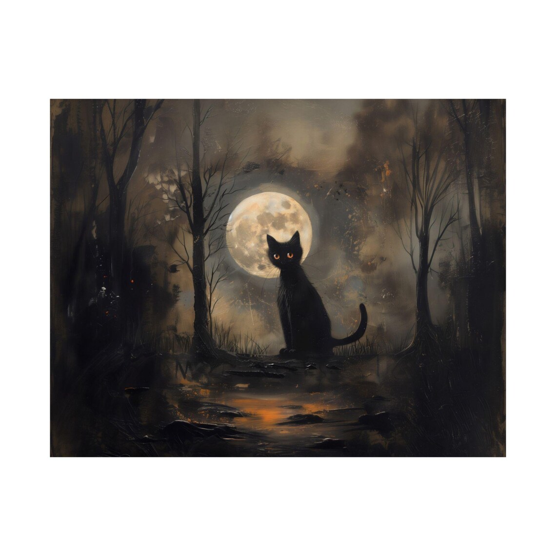 Black Cat Full Moon Dark Forest Silhouette Halloween Night Art Poster - Image 4