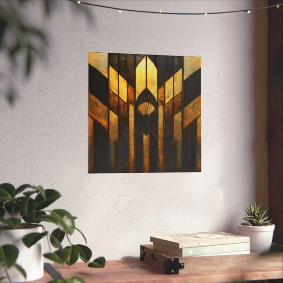 Sleek Black And Gold 1920s Art Deco Poster Print Bold Statement Vibrant Metallic Look Geometric Colorful Shapes Zig Zags Rustic Art
