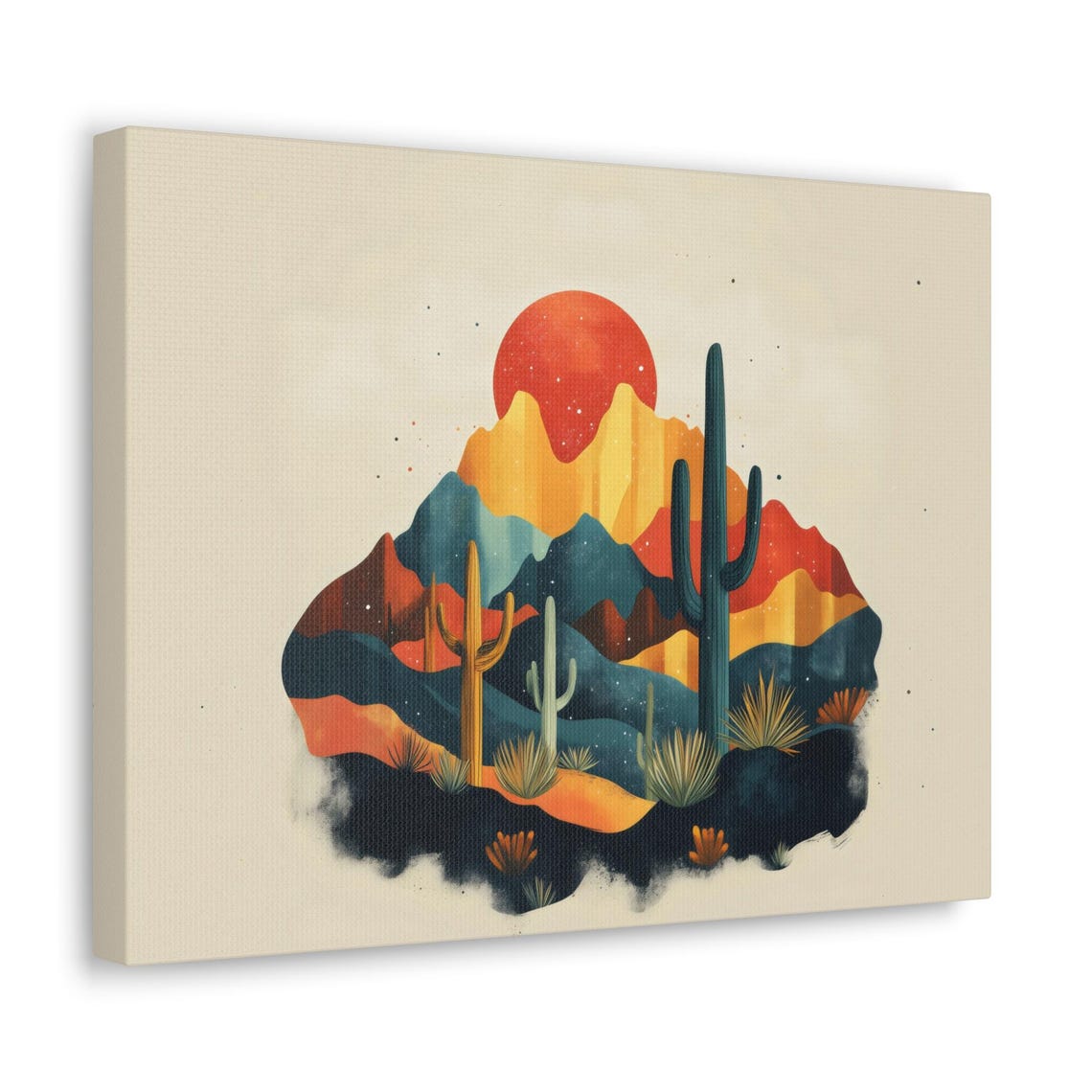 Stylized Desert Landscape Cacti Mountains And Red Sun Wall Art - Image 2