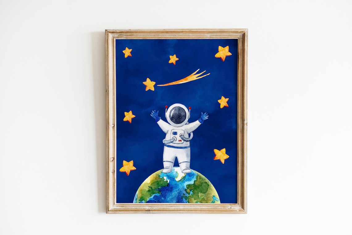 Astronaut on Rocket Navy Blue Watercolor Space Nursery Poster - Image 7