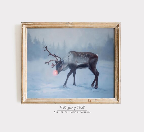 Red Nose Reindeer On Moody Winter Landscape Art Print Wall Art Christmas Holiday Decor Vintage Print Art