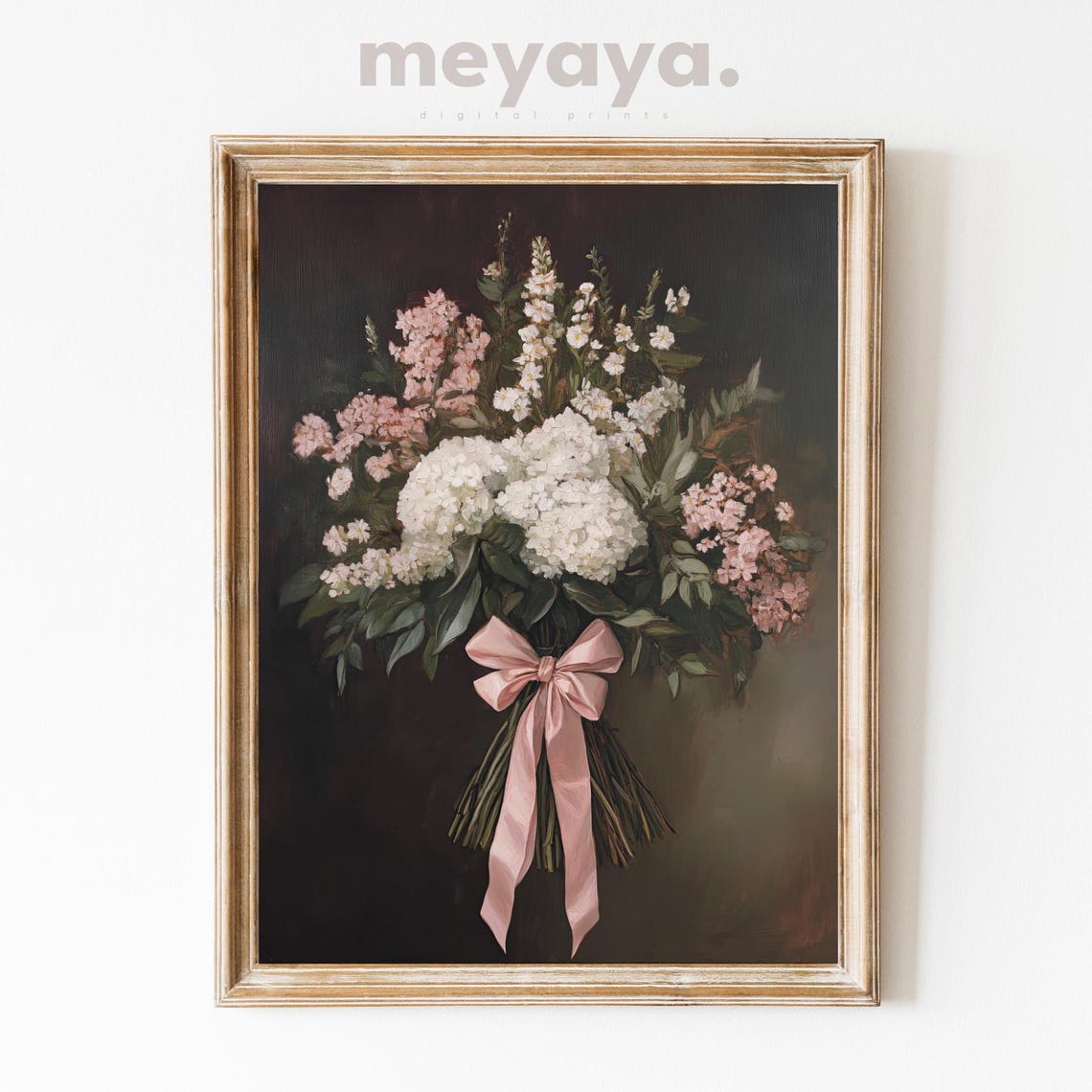 Pink Bow Flower Bouquet Dark Academia Vintage Romantic Wall Print