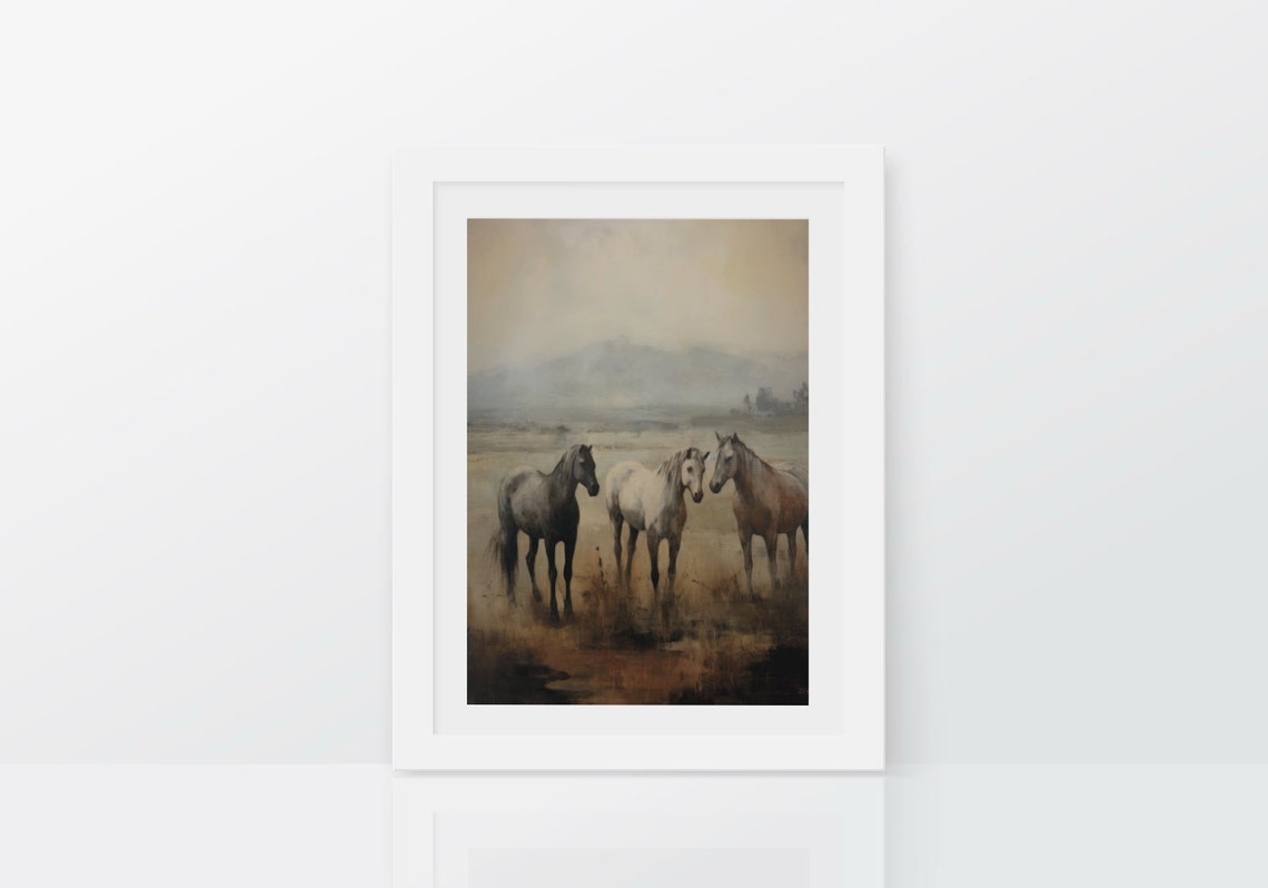 Three Wild Horses In Misty Meadow Vintage Equestrian Ranch Poster - Image 2