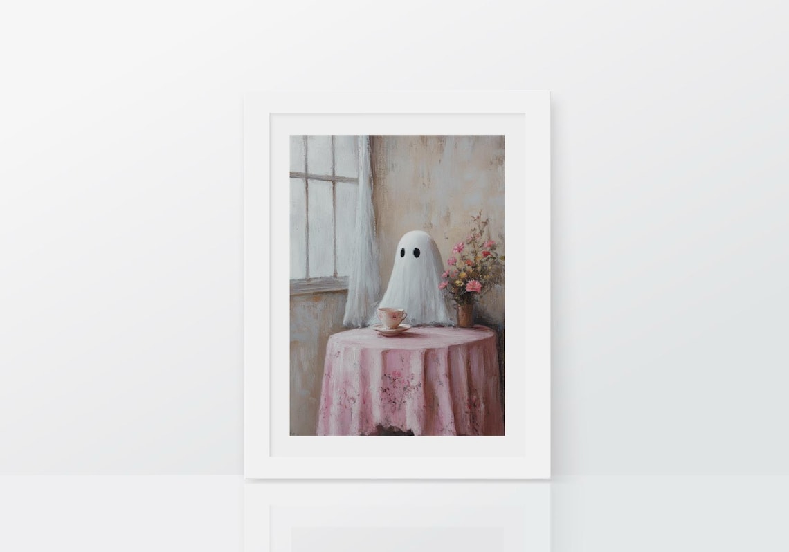Cute Ghost Print, Pink Halloween Vintage Decor - Image 2