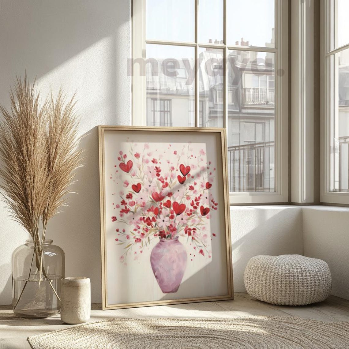 Pink Red Hearts Wildflower Vase Spring Romantic Floral Wall Print - Image 4