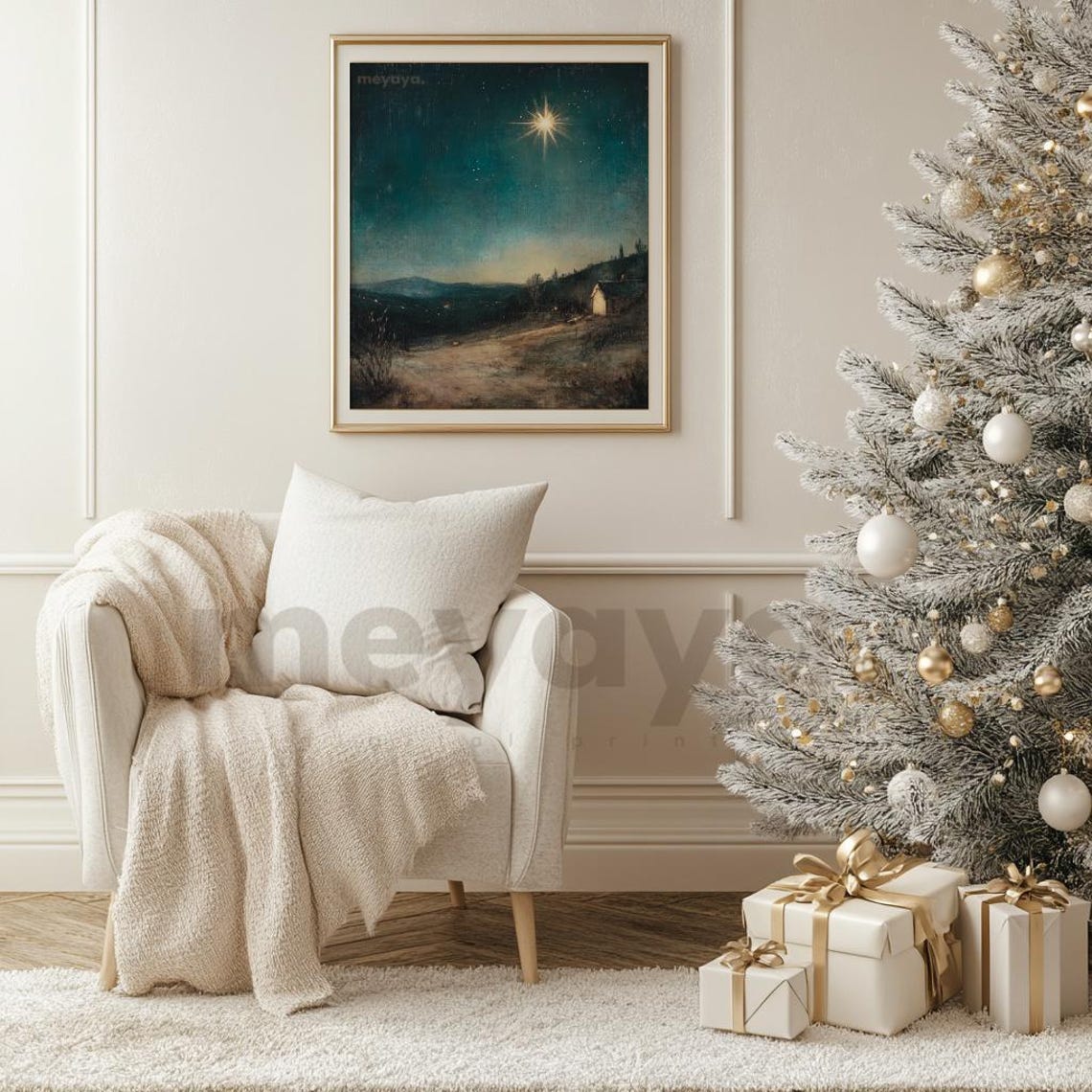 Star of Bethlehem Night Hills Cottage Deep Teal Christmas Poster - Image 4