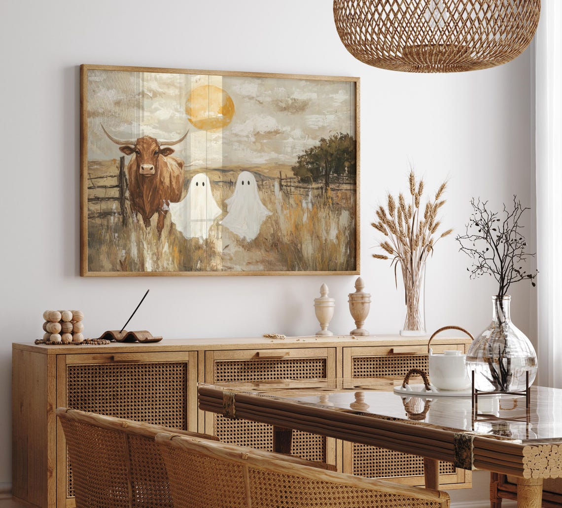 Longhorn Cow Ghosts Sunset Field Rustic Painting Art Wall Poster - Image 5