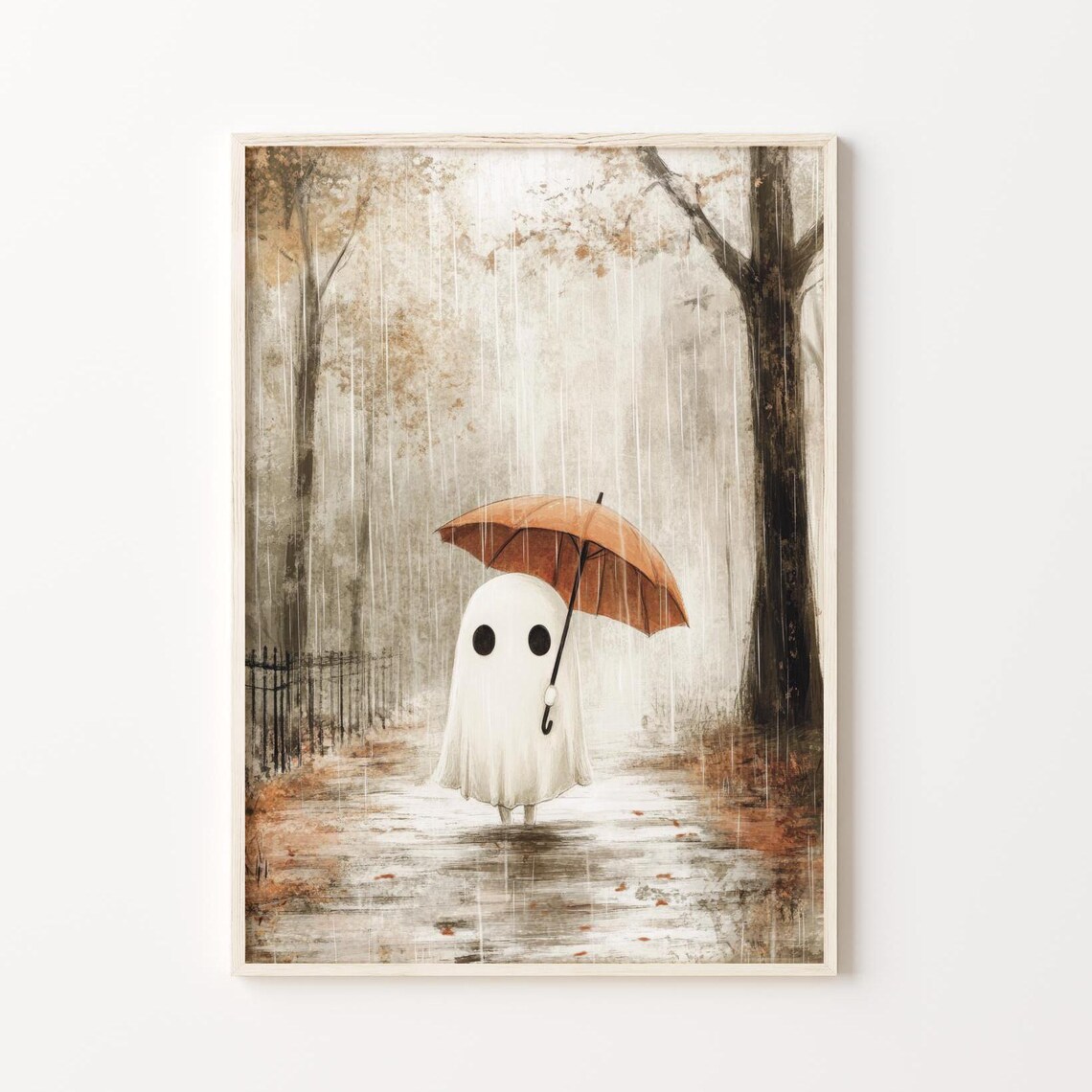Cute Ghost in the Rain Autumn Cottagecore Art Print - Image 5