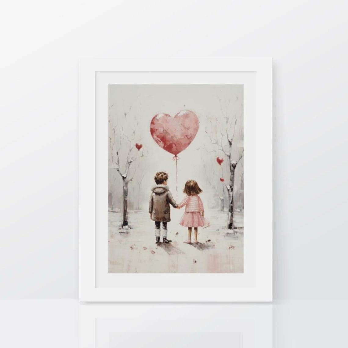 Little Boy And Girl Holding Hands With A Pink Heart Balloon Poster - Image 2