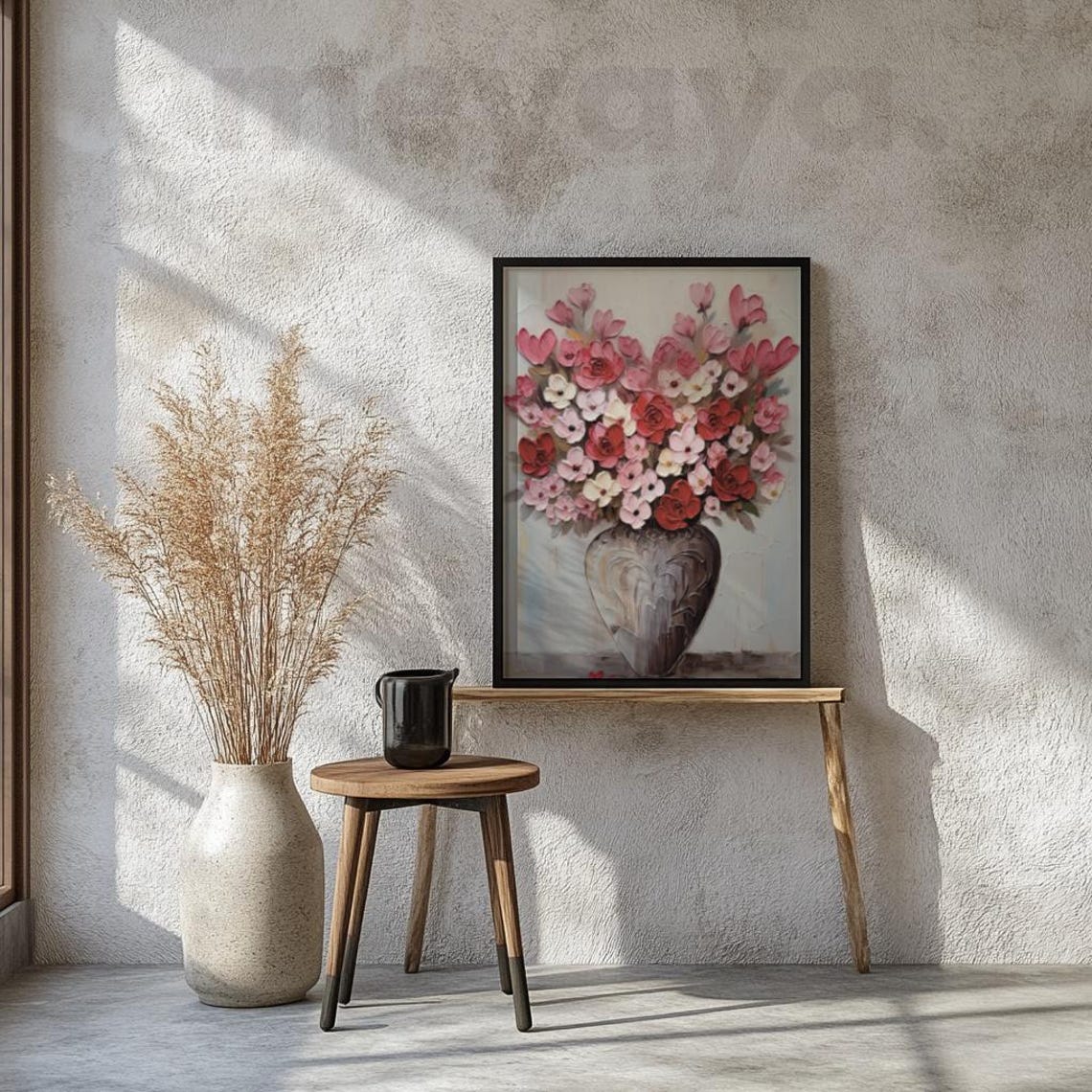 Pink Roses Impasto Vase Bouquet Textured Romantic Floral Wall Print - Image 2