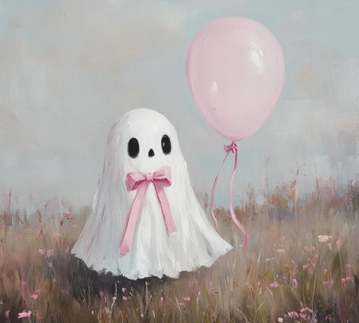 Cute Ghost With A Pink Bow And Balloon In A Flower Meadow Poster - Image 6