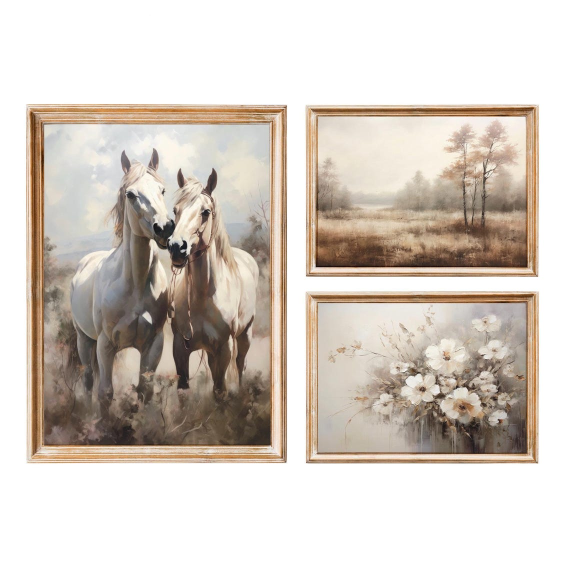 Pair Of White Horses Nuzzling In A Meadow Vintage Equestrian Poster - Image 3