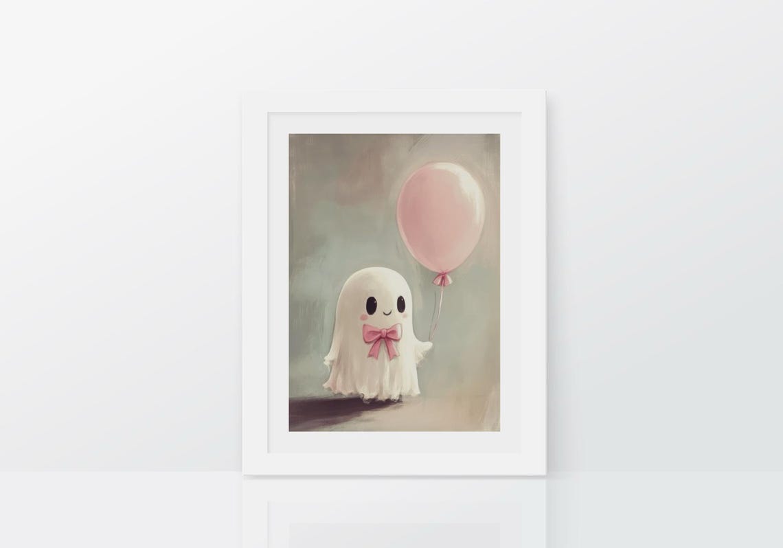 Smiling Cute Ghost With Pink Bow Holding A Pink Balloon Poster - Image 3