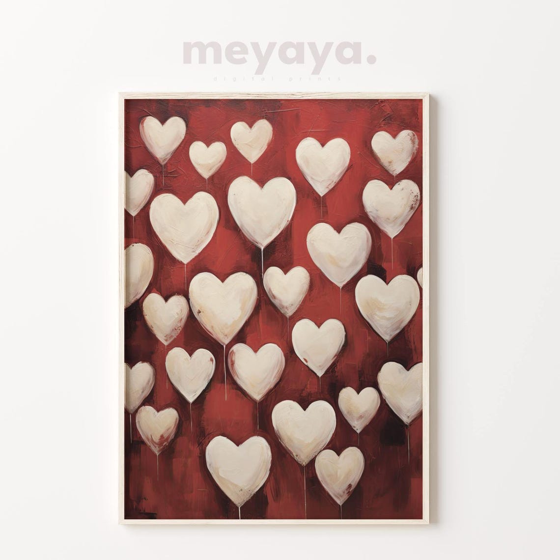 White Hearts Red Background Vintage Romantic Love Pattern Wall Print - Image 3