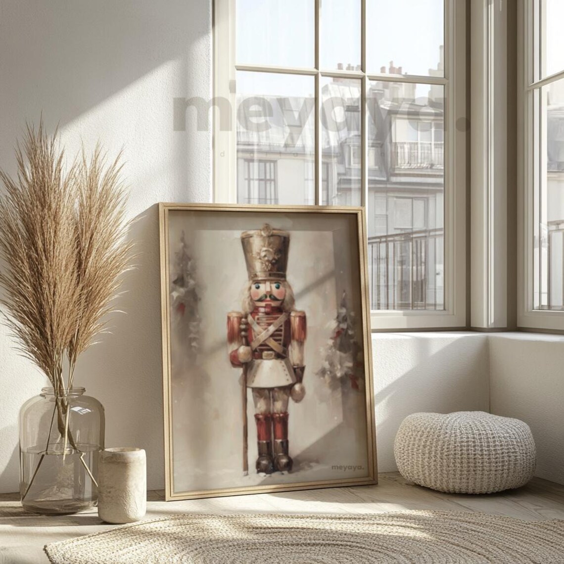 Nutcracker Oil Painting Gold Hat Staff Snowy Christmas Vintage Poster - Image 4