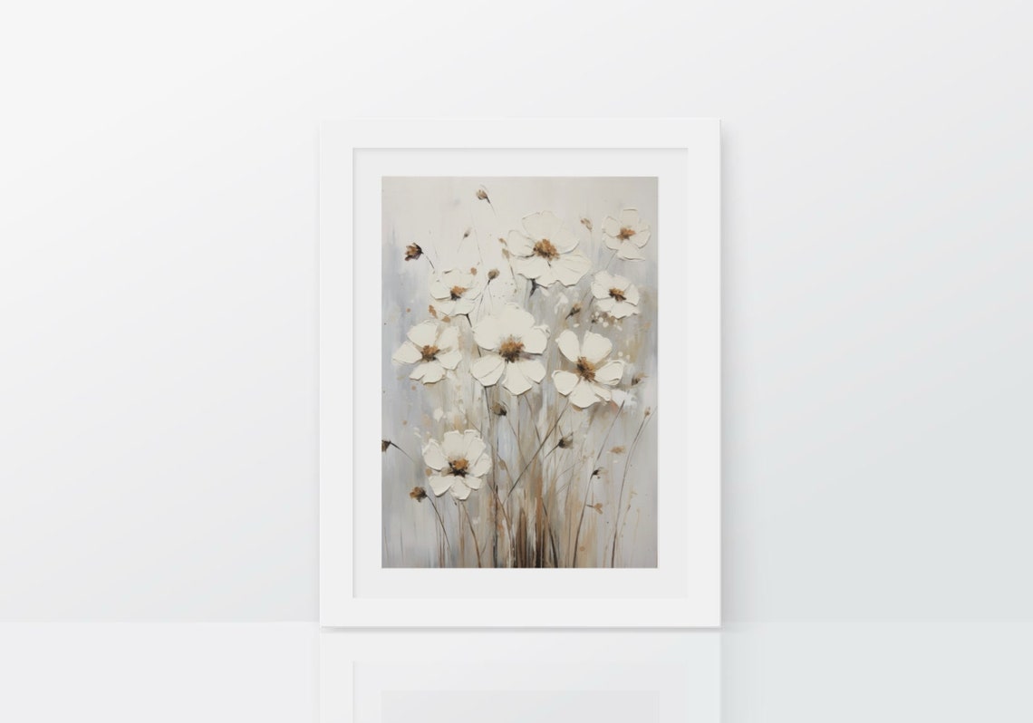 White Cosmos Flowers With Brown Centers On Beige Painting Poster - Image 2