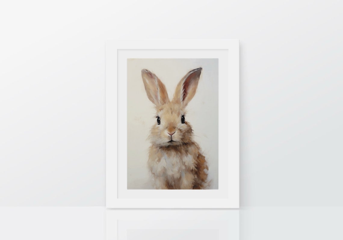 Baby Bunny Portrait Oil Painting Soft Cream Spring Nursery Poster - Image 3