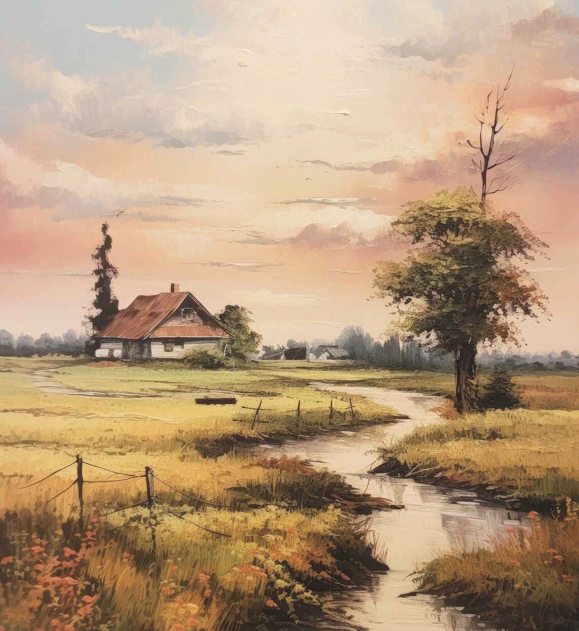 Country House By Stream Sunset Golden Countryside Home Poster - Image 6