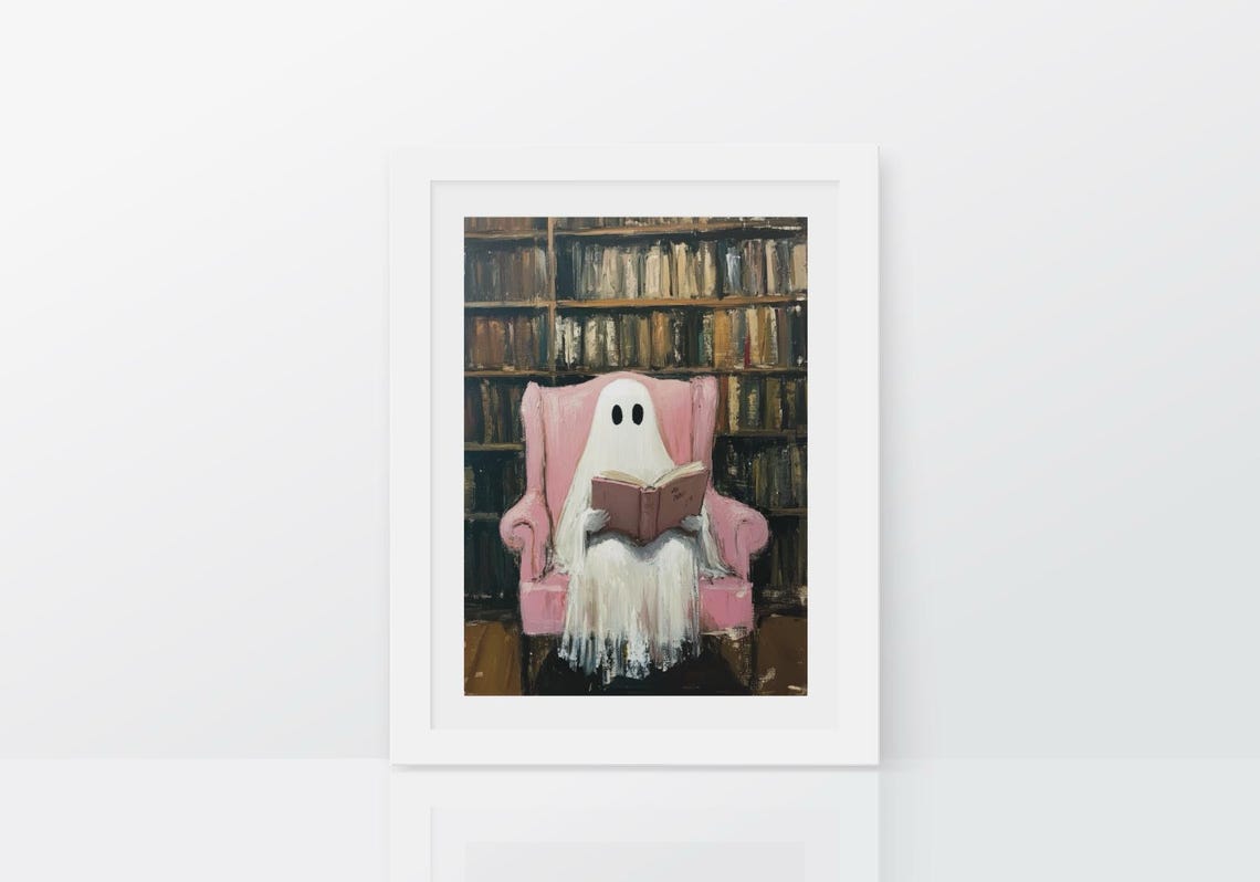 Halloween Cute Ghost Reading Spooky Ghost Print Halloween Decor Books Lovers Ghost Poster Vintage Painting Pink Halloween - Image 2