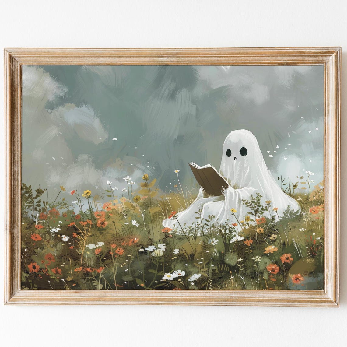 Cute Ghost Reading A Book In A Colorful Wildflower Field Poster