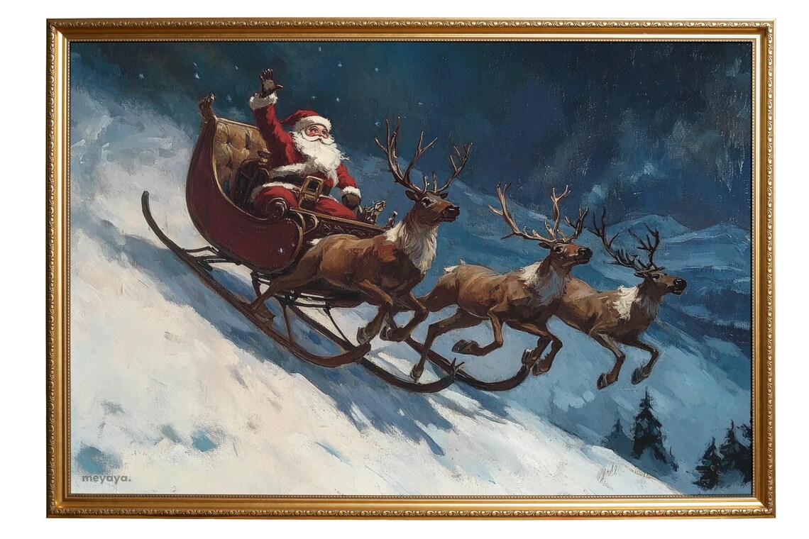 Santa Claus Painting Christmas Vintage Sleigh With Reindeer Print Christmas Wall Art Holiday Winter Scene Santa Sleigh Print - Image 6