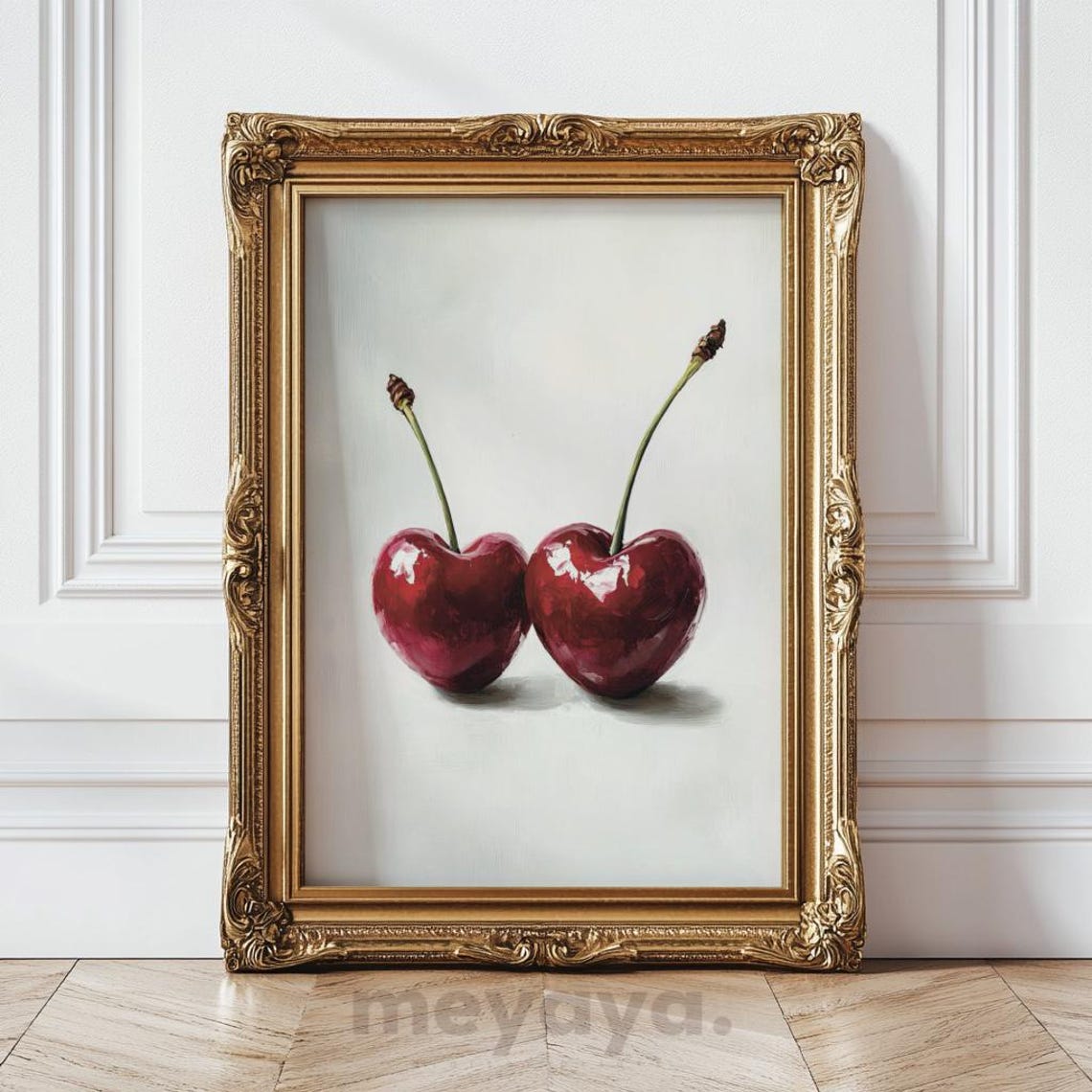 Red Heart Shaped Cherries Pair Romantic Fruit Painting Wall Print - Image 4