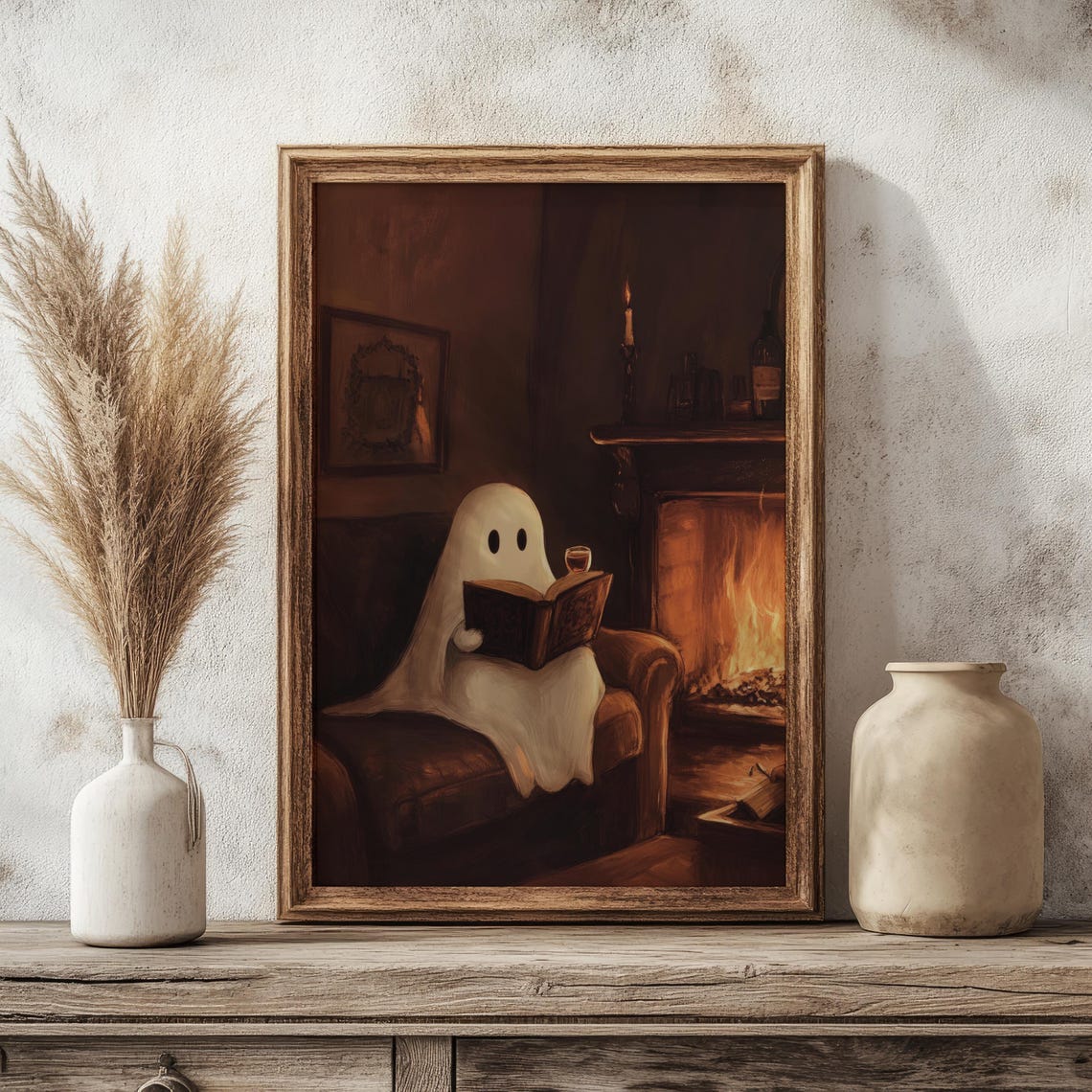 Cozy Halloween Cute Ghost Reading And Drinking Wine Print Dark Academia Cottagecore Ghost Spooky Halloween Fall Print Art - Image 5