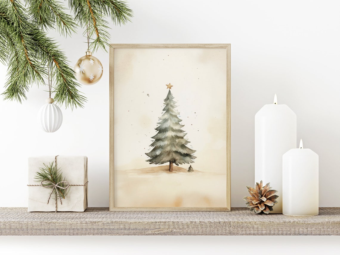 Simple Minimalist Watercolor Christmas Tree With Star Nursery Poster - Image 2