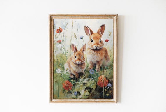 Wildflowers Easter Bunnies Print Vintage Easter Wall Art Spring Rabbit Print Farmhouse Decor Cute Bunnies Nursery Art