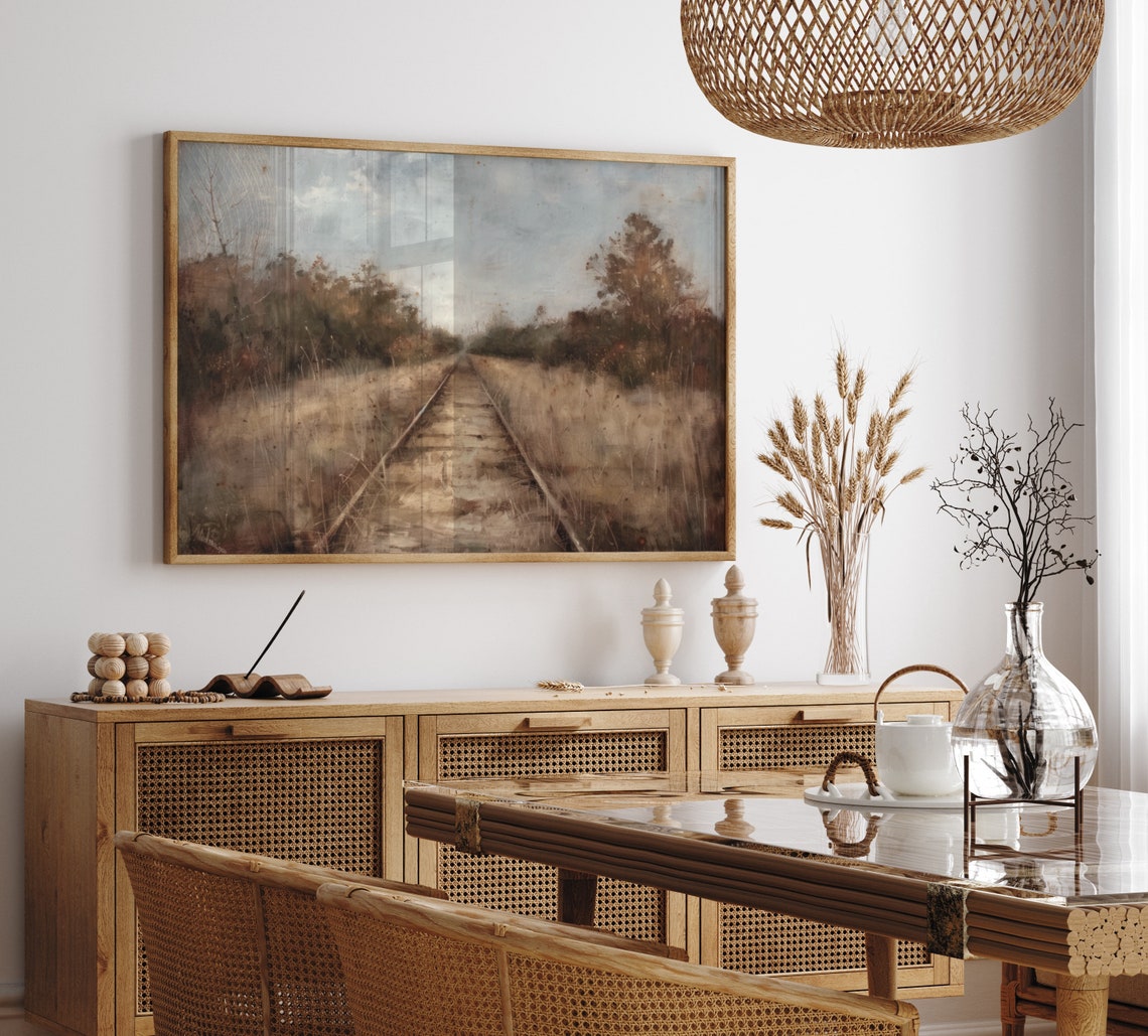 Railroad Tracks Through Autumn Field Moody Vintage Landscape Poster - Image 3