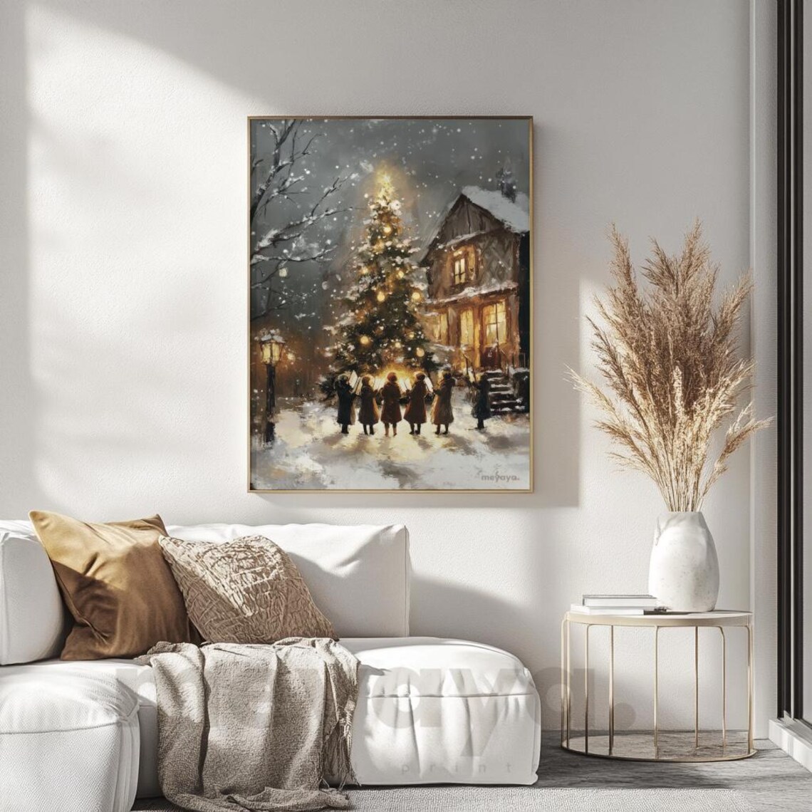 Christmas Carolers Candlelit Tree Snowy Night Vintage Poster - Image 5
