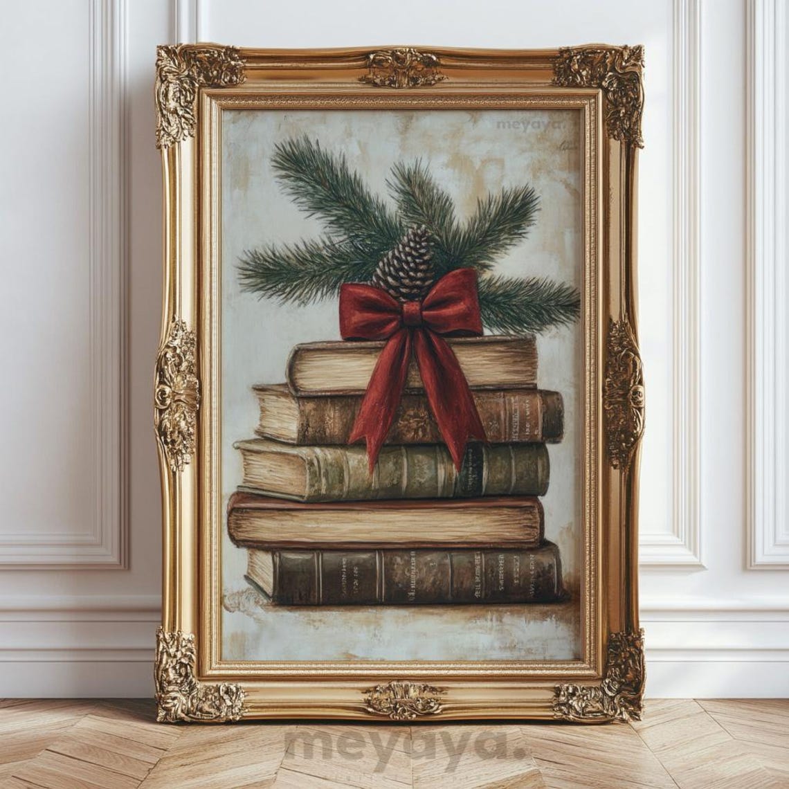 Vintage Books Stack Red Bow Pinecone Rustic Christmas Academia Poster - Image 5