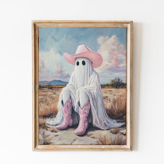 Pink Cute Cowboy Ghost Print Pink Halloween Print Western Preppy Decor Funny Ghost Painting Pastel Halloween Girly Spooky Decor Ghoul