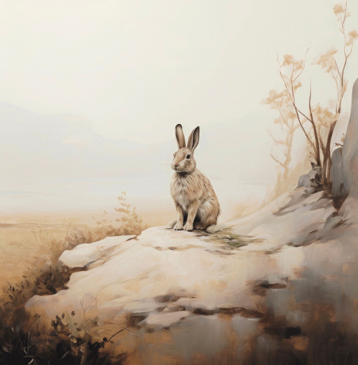 Wild Rabbit On Rocks Misty Neutral Vintage Countryside Poster - Image 6