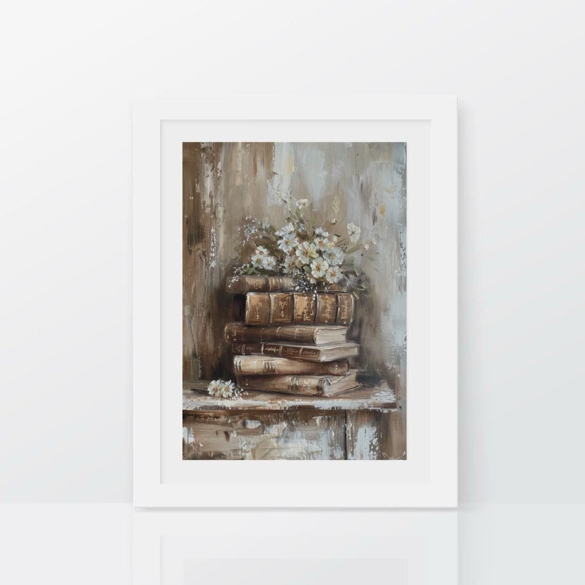 Antique Book Stack With Daisies Vintage Academia Library Floral Poster - Image 2