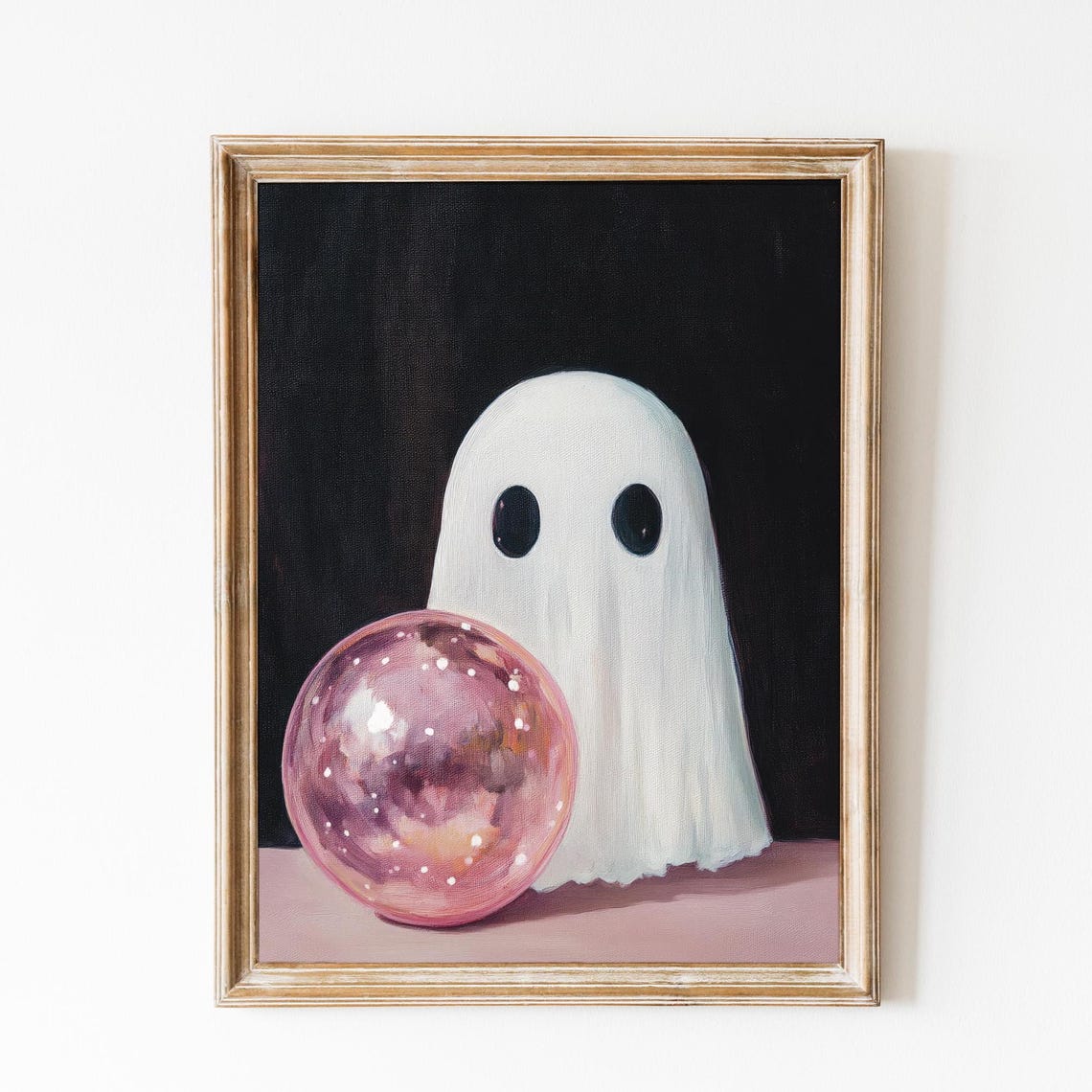 Cute Ghost Behind A Glowing Pink Crystal Ball On Black Poster
