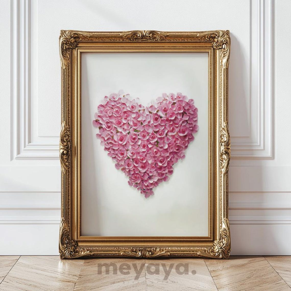 Pink Rose Heart Shape Flower Arrangement Romantic Wall Print - Image 4