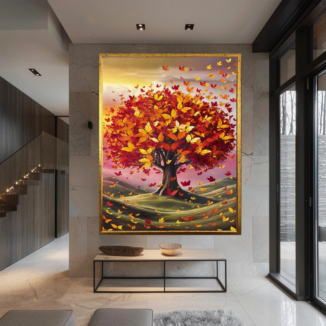 Autumn Butterfly Tree With Falling Red Gold Leaves Whimsical Wall Art - Image 2