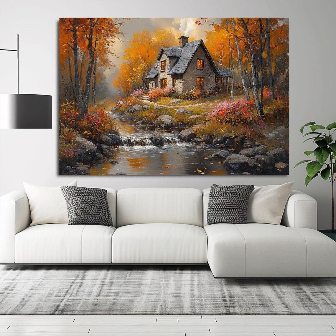 Autumn Cottage Creek Golden Oil Landscape Cozy Cabin Wall Art - Image 2
