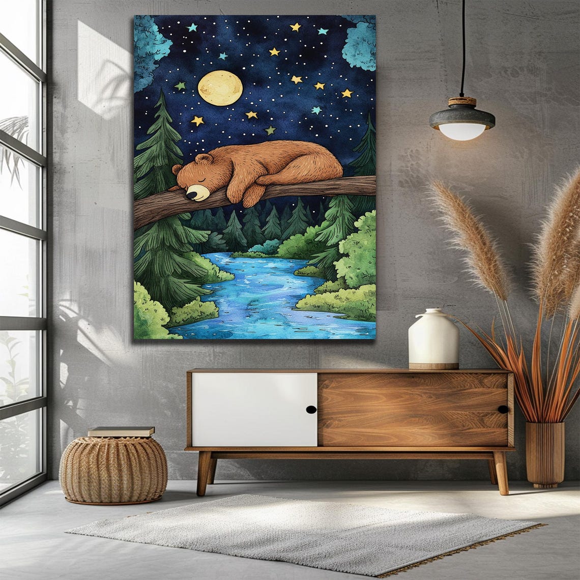 Sleeping Bear Under Moonlit Forest Night Sky Nursery Art Print - Image 3