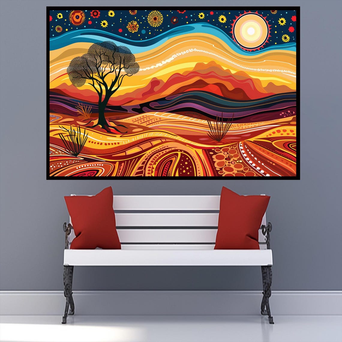 Desert Lone Tree Starry Night Dunes Warm Tribal Dot Art Poster - Image 2