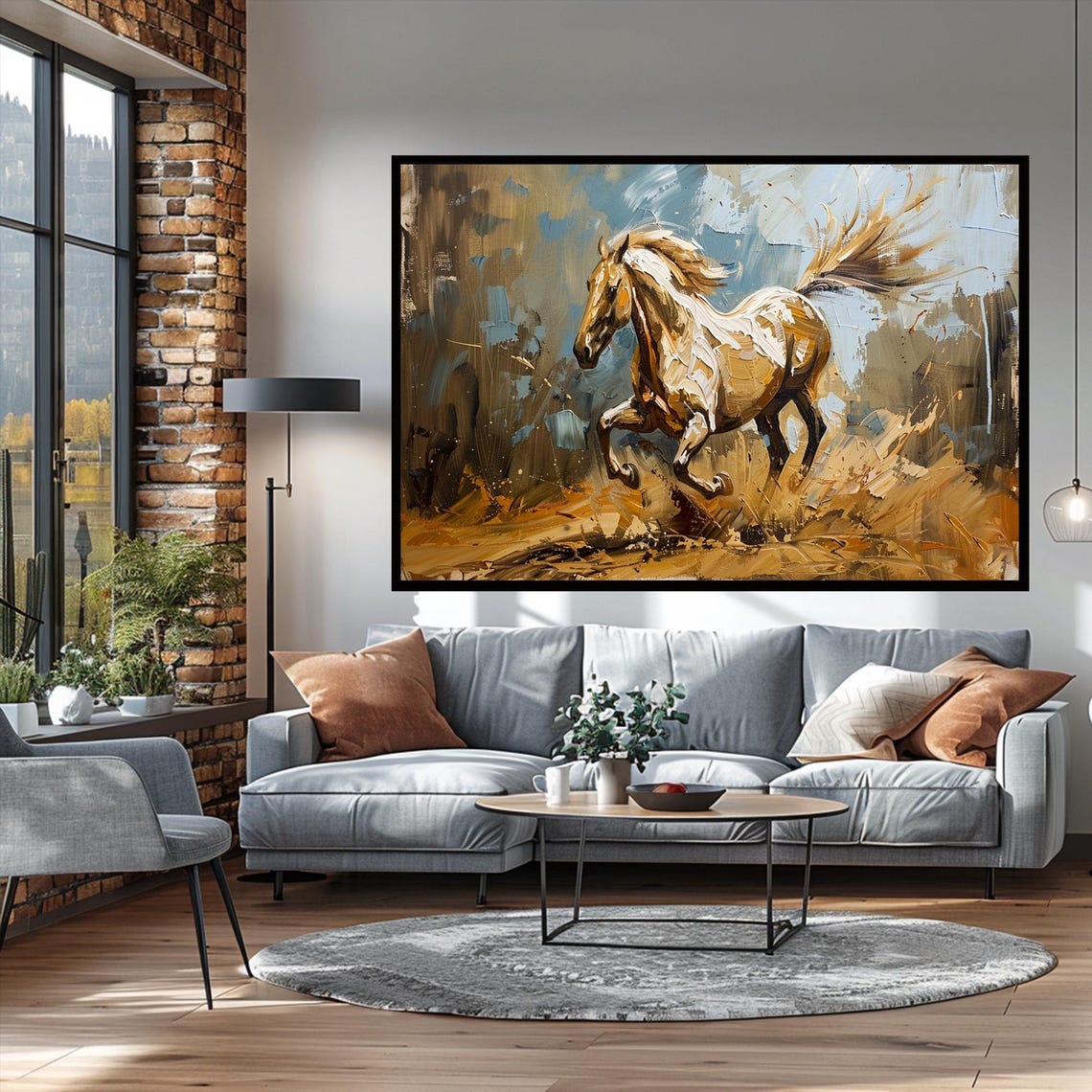 Golden Galloping Horse Abstract Oil Painting Dynamic Wall Art - Image 3